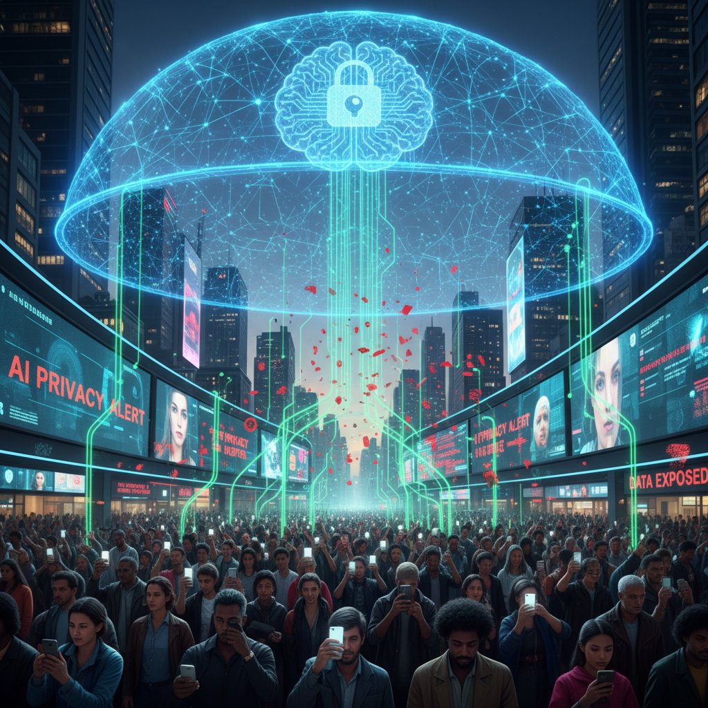 Zdjęcie: tłum ludzi w centrum miasta, każdy trzyma smartfon, symbolizując masowość korzystania z AI i prywatność w społeczeństwie