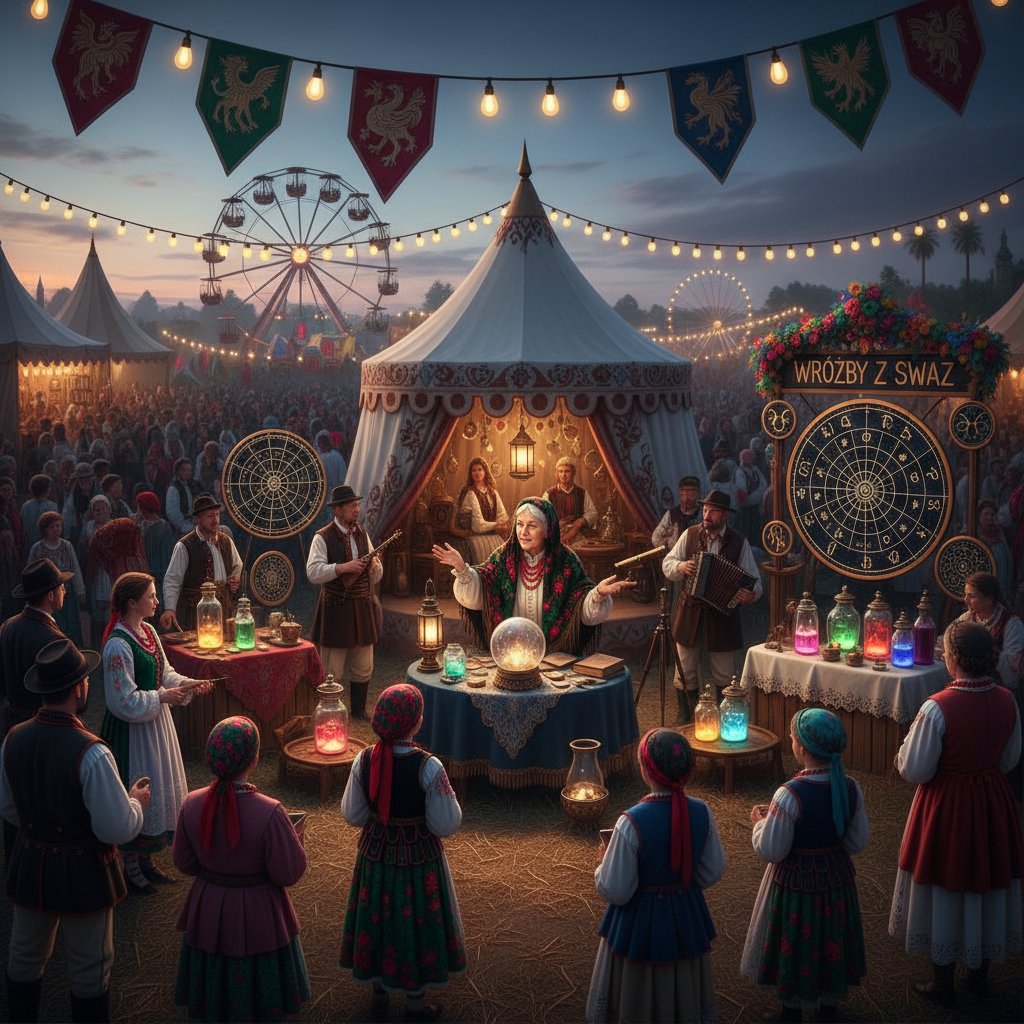 Tłum ludzi na jarmarku z wróżką i stoiskami astrologicznymi – polski folklor