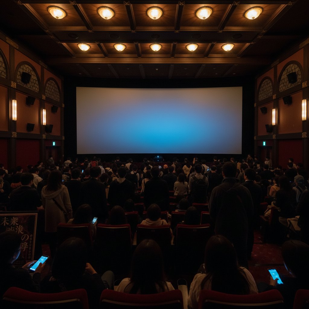 Cinematic crowd inside a Japanese movie theater, anticipation on faces, moody lighting