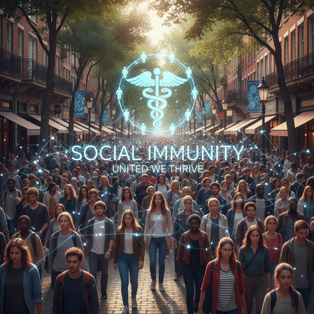 Tłum ludzi na ulicy, każdy w inny sposób „chroniony”, symbolizujący odporność społeczną