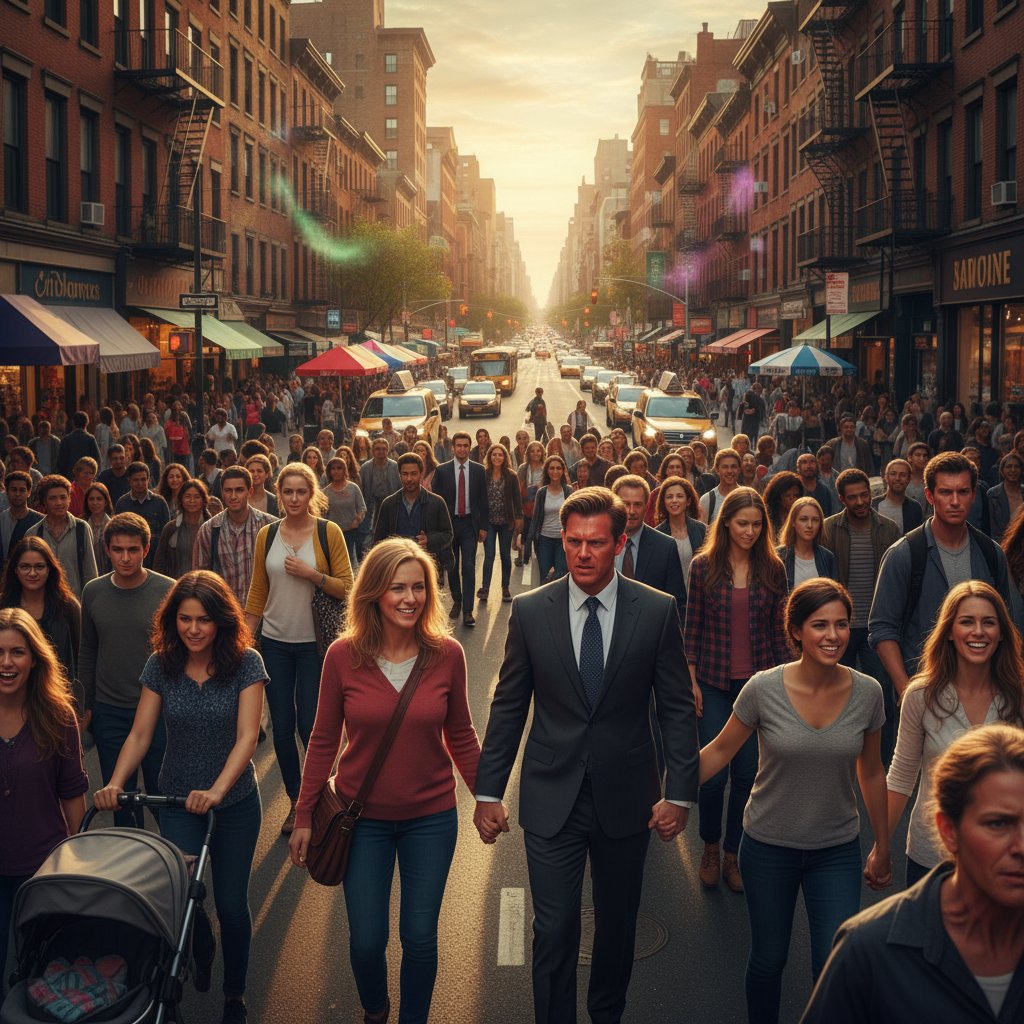 Tłum ludzi na ruchliwej ulicy, różne emocje na twarzach, symbol wpływu hormonów na codzienność