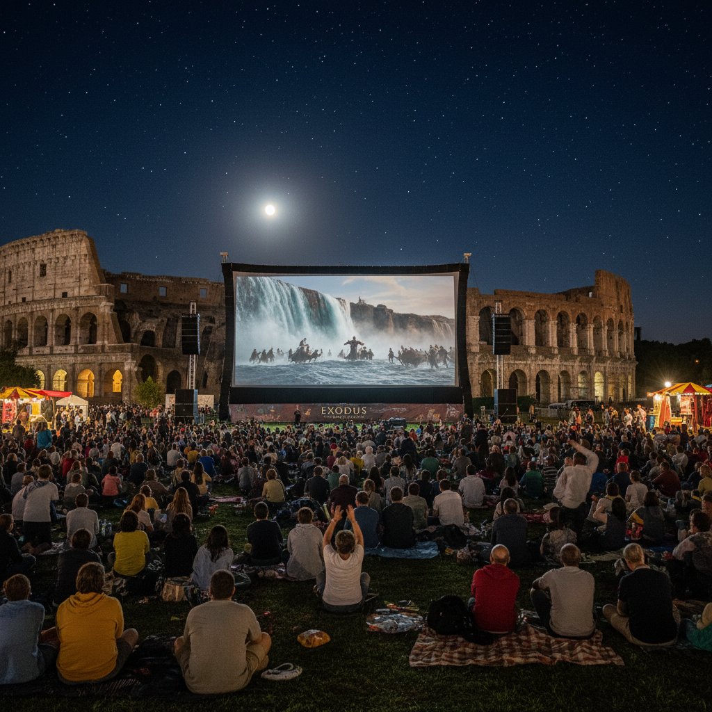 Crowd watching an outdoor screening of a biblical epic, capturing the communal and cultural power of biblical movies