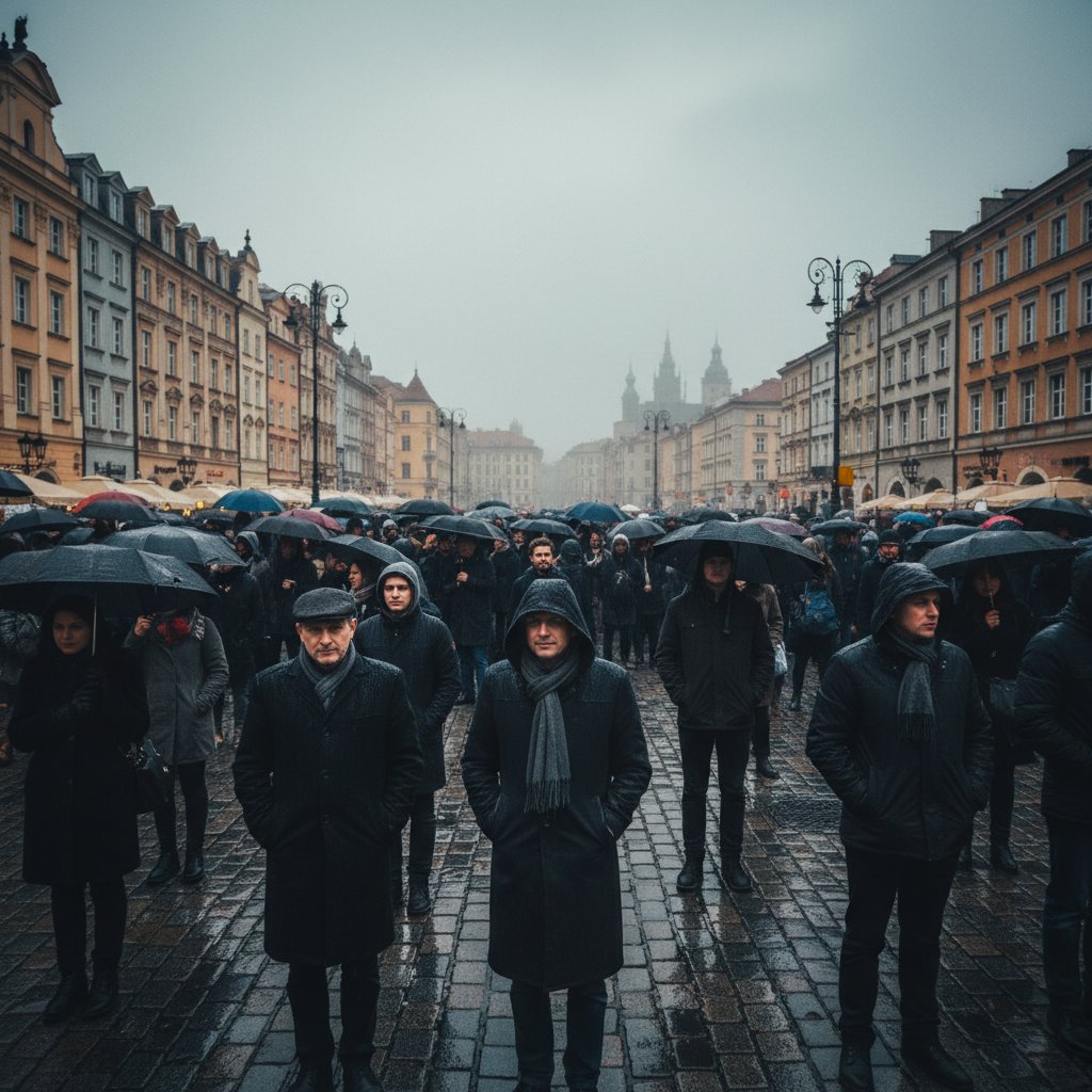 Tłum w polskim mieście, wyróżniona osoba otrzymuje uznanie