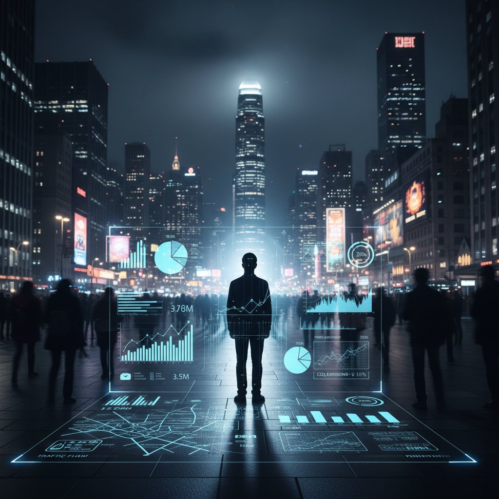 Tłum ludzi z podświetloną jedną osobą, metafora widzialności statystycznej