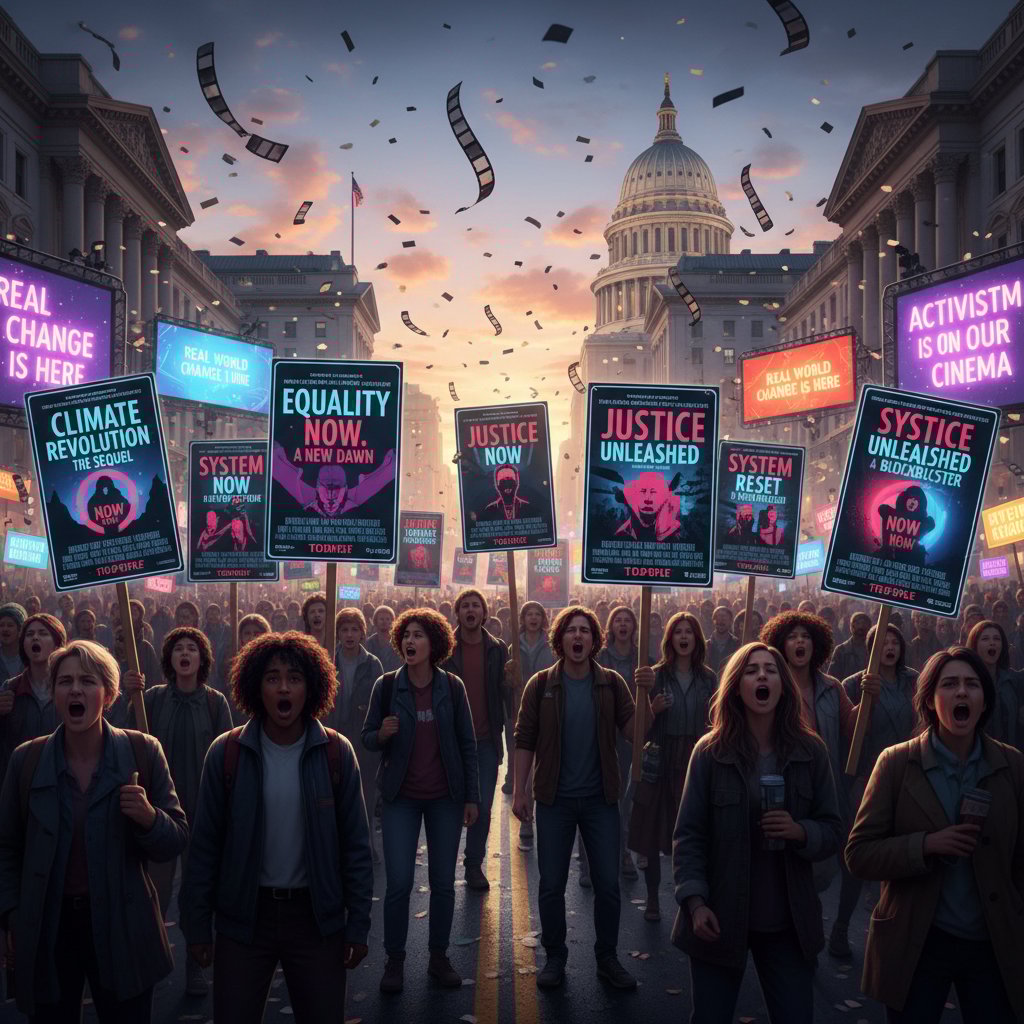 Crowd at a protest holding signs referencing a movie, dusk, activism movies inspire real-world change