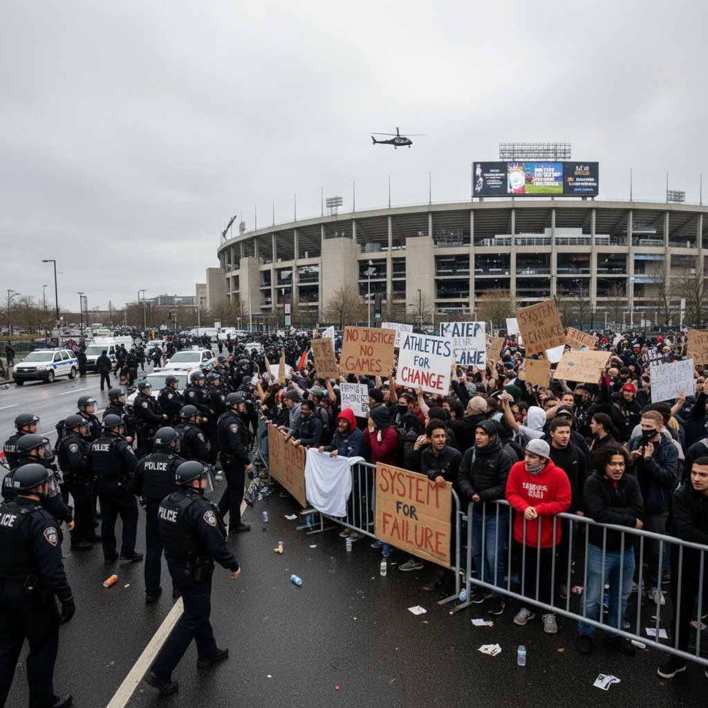 Protesters outside a football stadium holding banners
