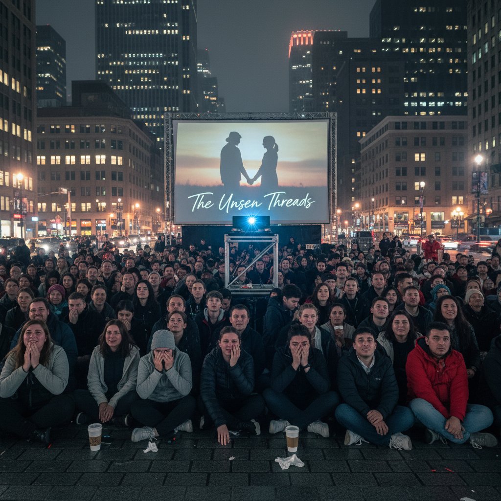 Crowd reacting emotionally to a film in public, urban setting, night, 16:9