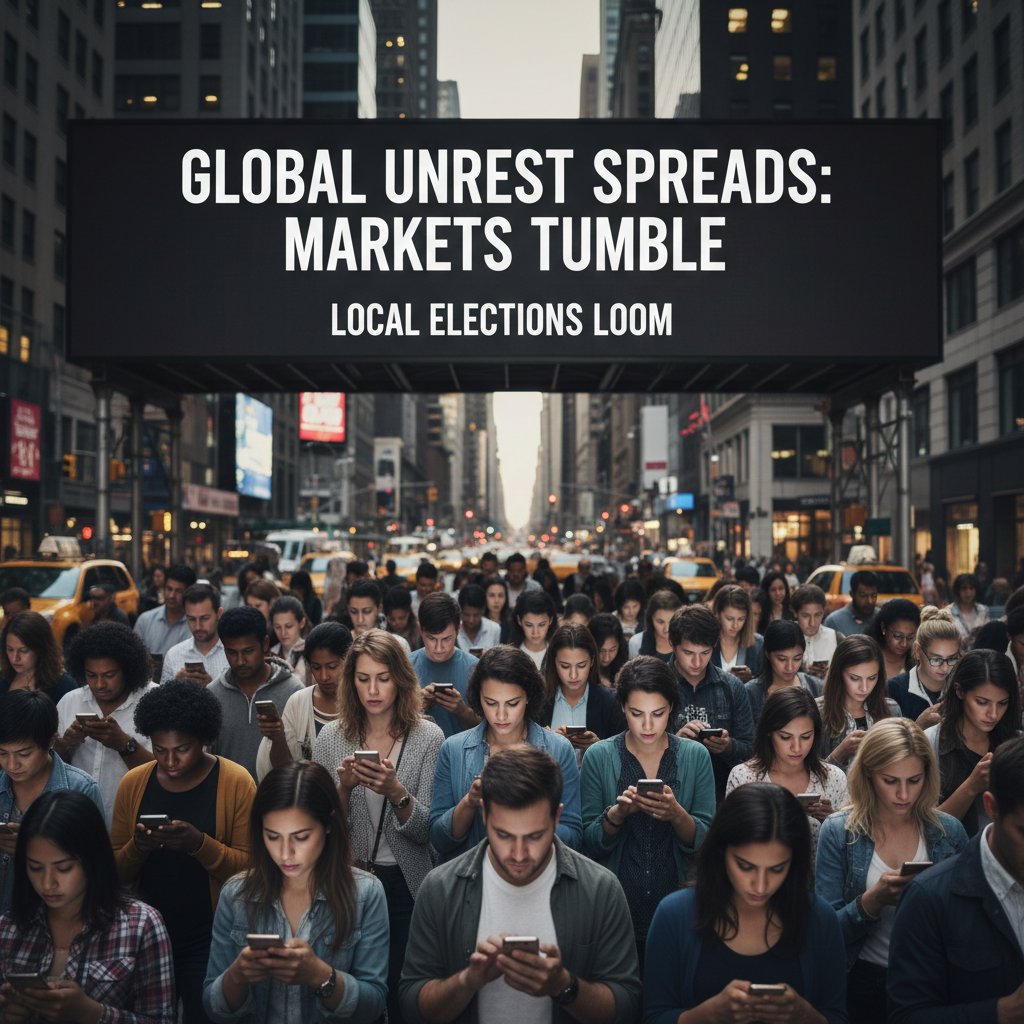 Tłum ludzi czytający newsy na smartfonach przed dużym ekranem z nagłówkami