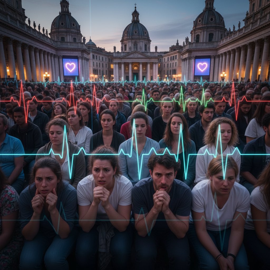 Tłum ludzi z widocznymi rytmami serca – napięcie i spokój