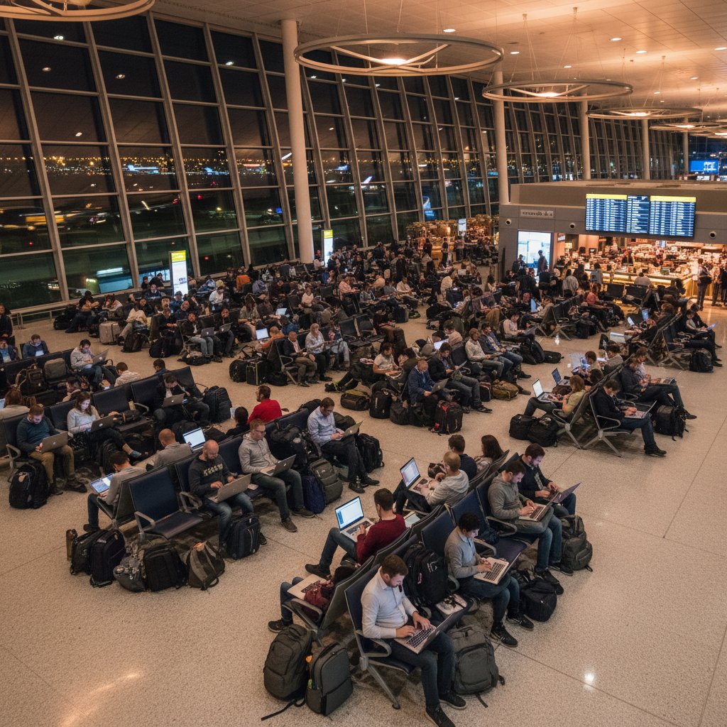 Tłum podróżnych przeszukujących oferty lotów na laptopach w nocnym, neonowym lotnisku – dynamiczna cena lotów