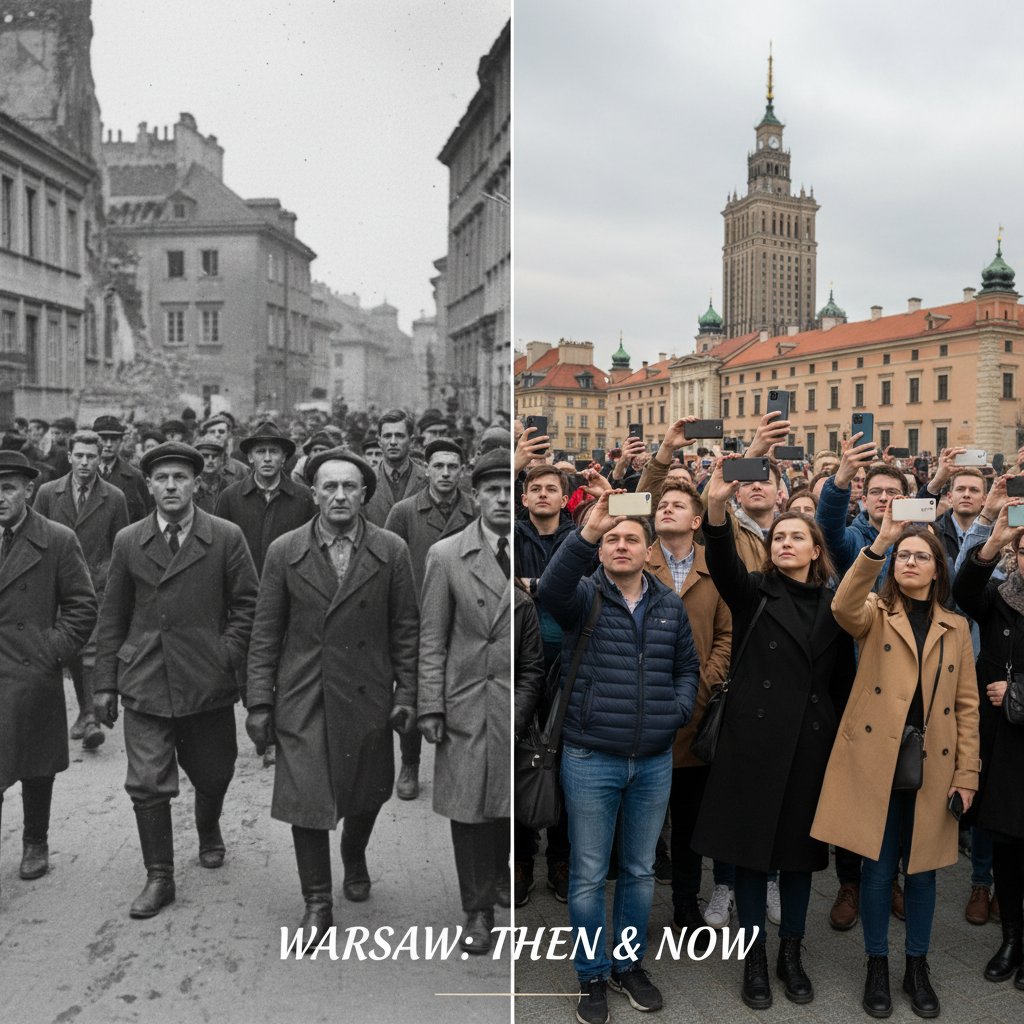 Tłum w Warszawie z telefonami pokazującymi archiwalne zdjęcia, nowoczesne podejście do historii