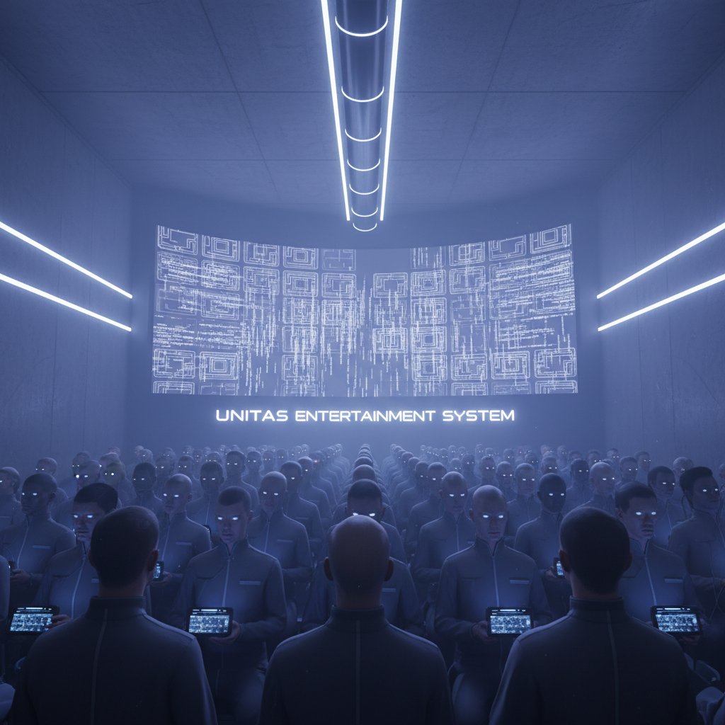 Crowd of people watching identical screens with a subtle dystopian vibe, symbolizing homogenized movie culture