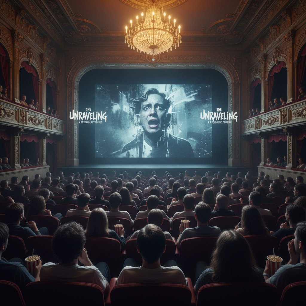 Crowd watching a tense psychological thriller scene in a theater, collective tension in the air