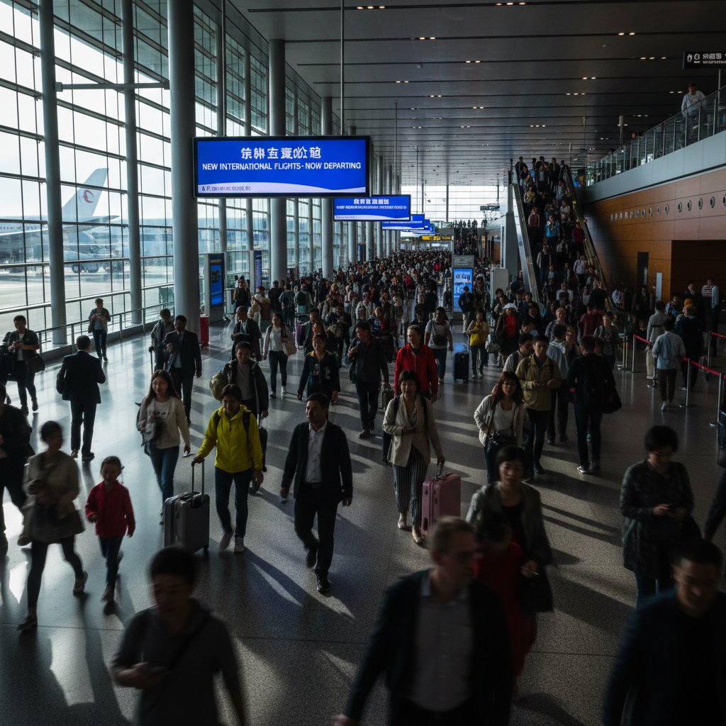 Crowded Lanzhou airport terminal after new international flights launch, diverse travelers, motion blur, high-contrast lighting