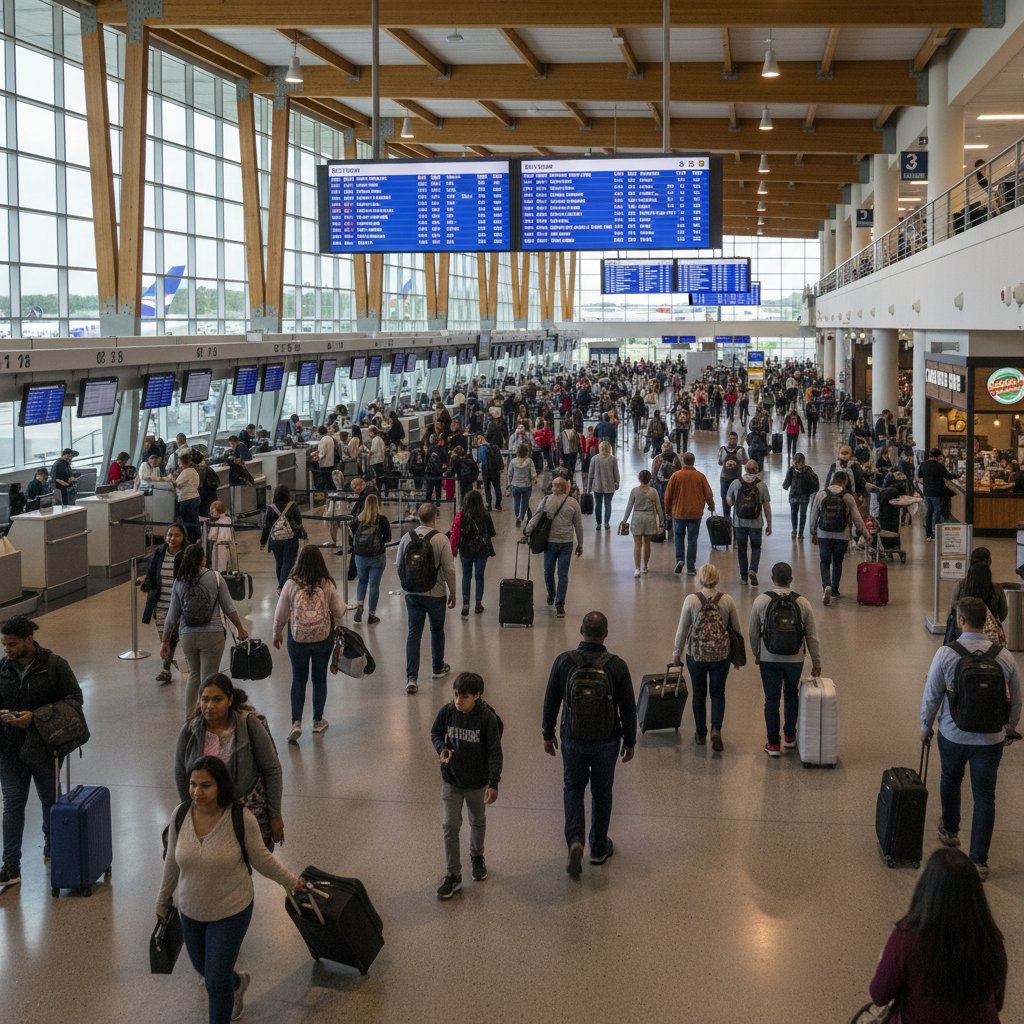 Crowded Raleigh-Durham airport terminal with diverse travelers. Flights to Raleigh have surged, mirroring the city’s tech boom.