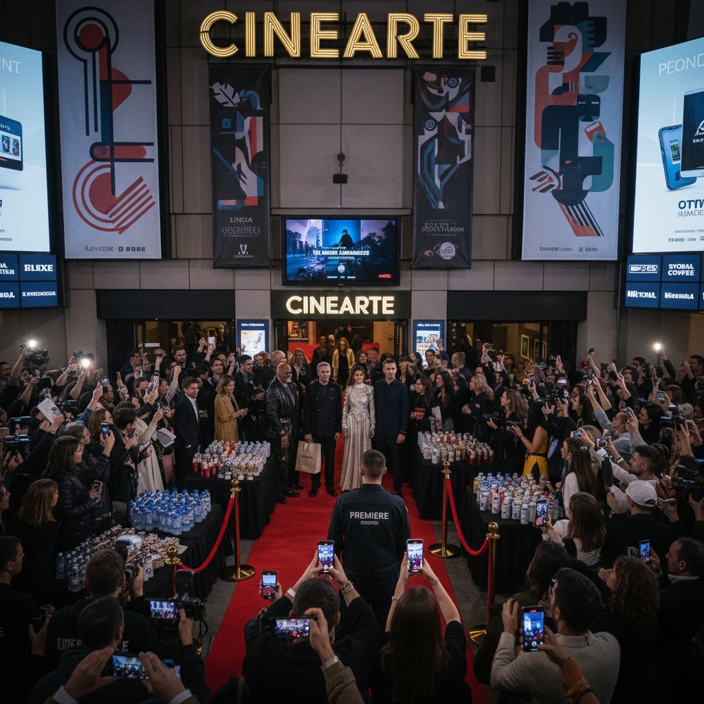 Crowded art house premiere event with paparazzi, symbolizing commercialization