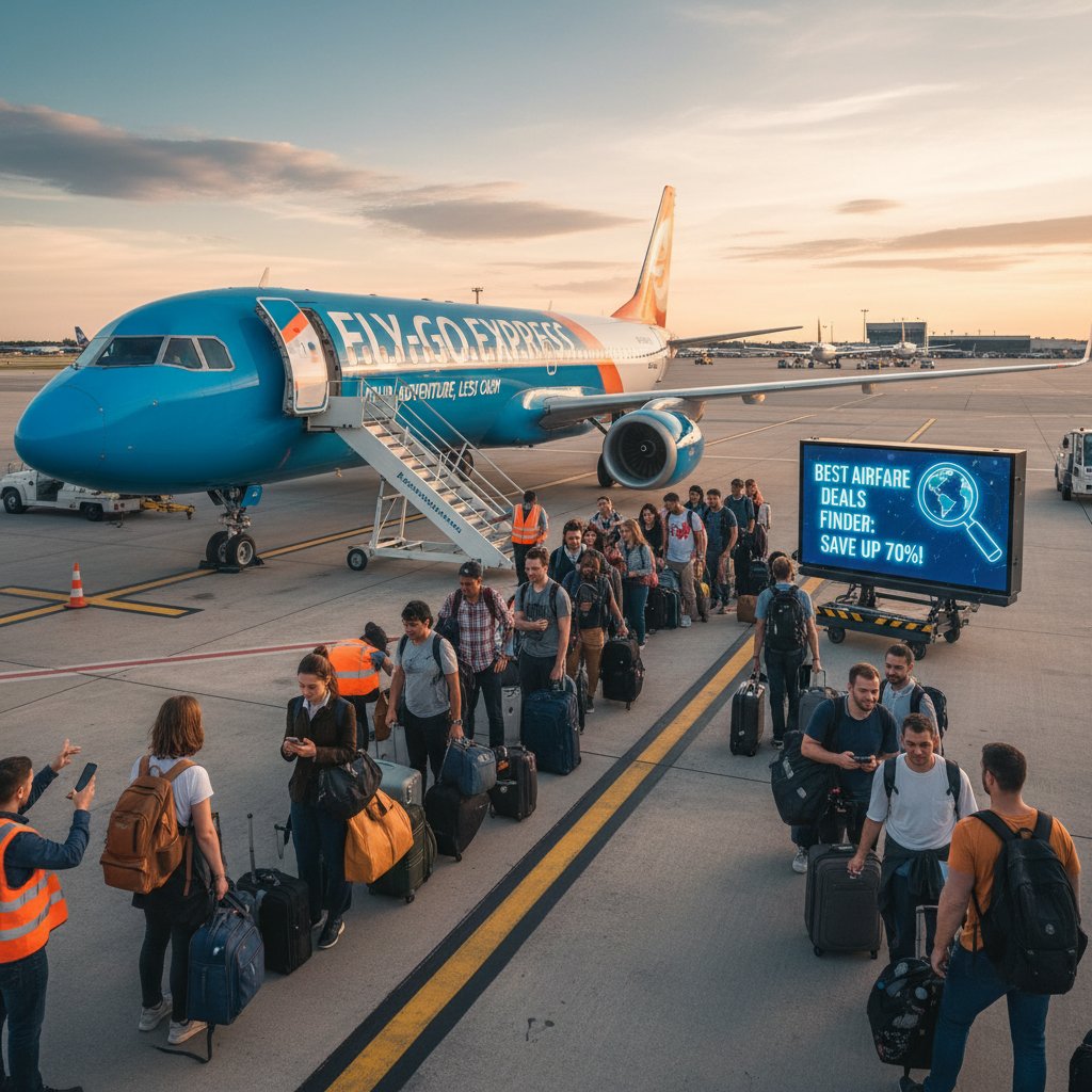 Crowded budget airline boarding on busy tarmac, best airfare deals finder environmental impact