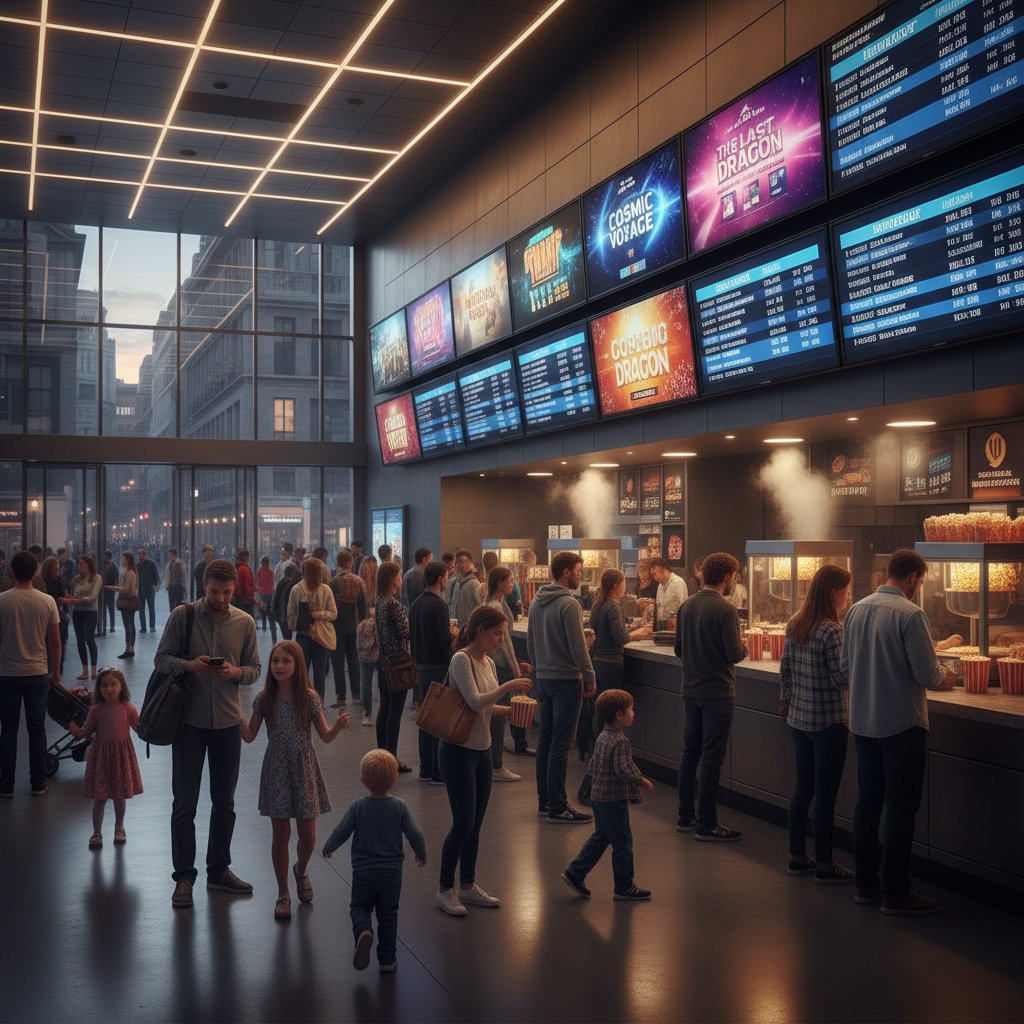 Diverse audience in a bustling movie theater lobby, reflecting box office culture in 2025.