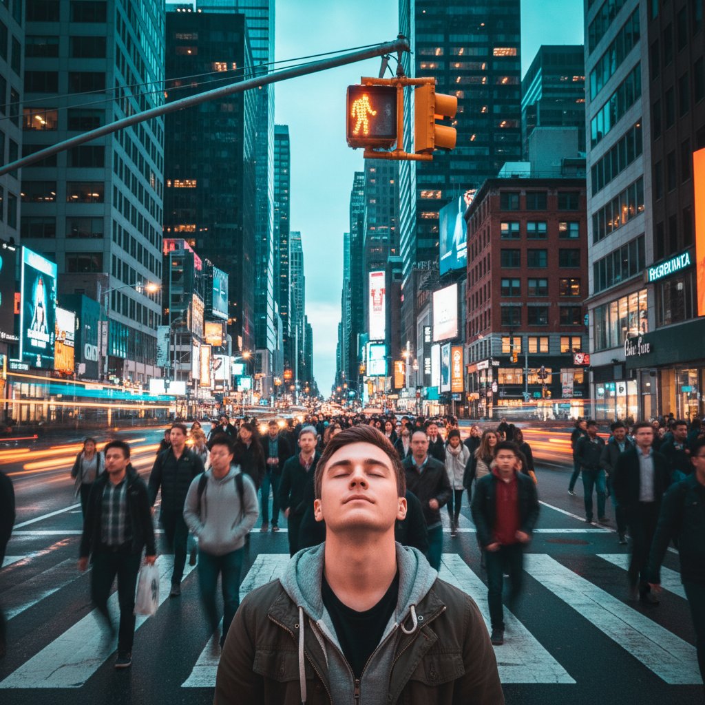 Zatłoczone miasto, młoda osoba z zamkniętymi oczami, skupiona na oddechu, światła przejścia