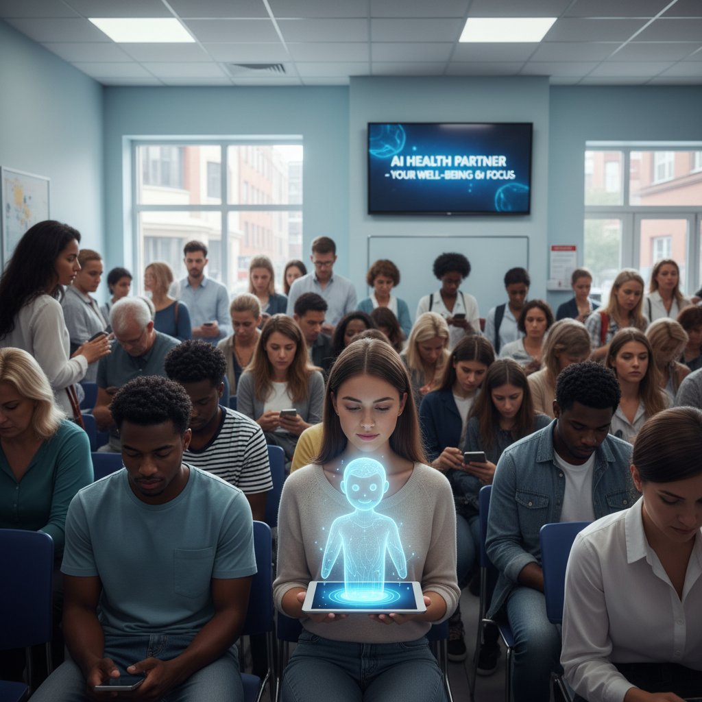 Scena podzielona: zatłoczona klinika kontra spokojny użytkownik korzystający z AI w domu