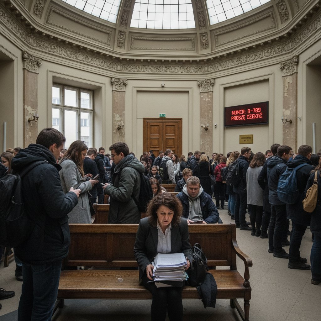 Przeludniona poczekalnia w urzędzie z zegarem na ścianie – polskie realia oczekiwania na poradę prawną
