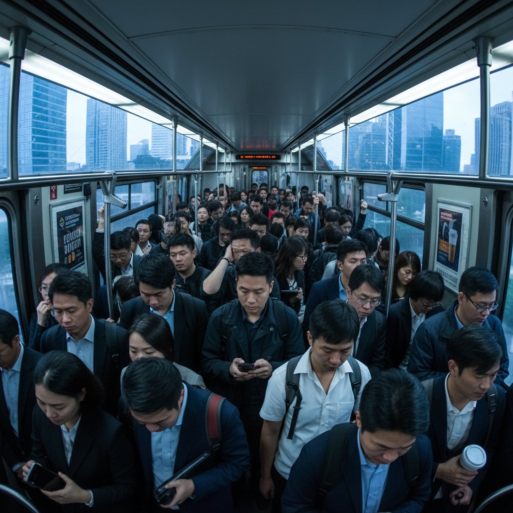 Tłum w metrze, codzienna presja i stres w życiu mieszkańców dużych miast
