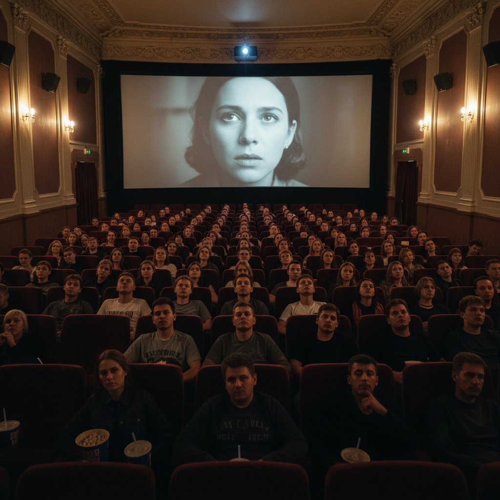 Cinematic photo of a crowded movie theater showing a silent, understated drama; warm lighting, audience rapt in attention. Alt: People watching a subtle film in a packed theater, captivated by movie ordinary movies.
