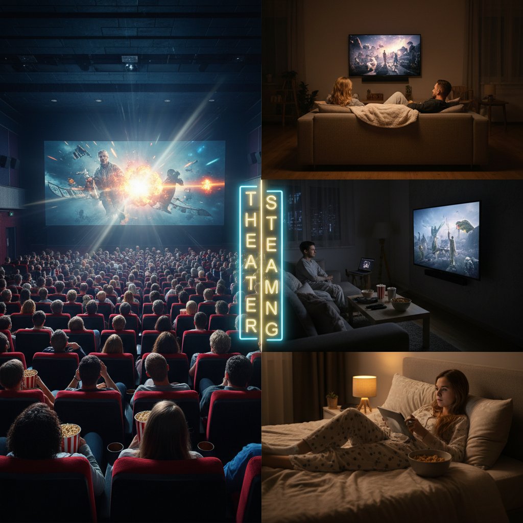Theater versus streaming movie-watching, split-screen, crowded theater vs lone viewer at home
