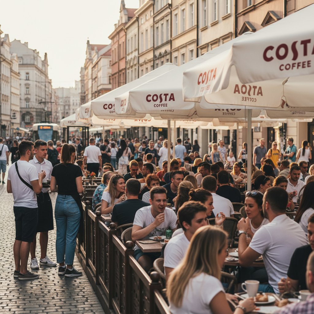 Tłoczny taras polskiej kawiarni z markowymi parasolami i tłumem gości