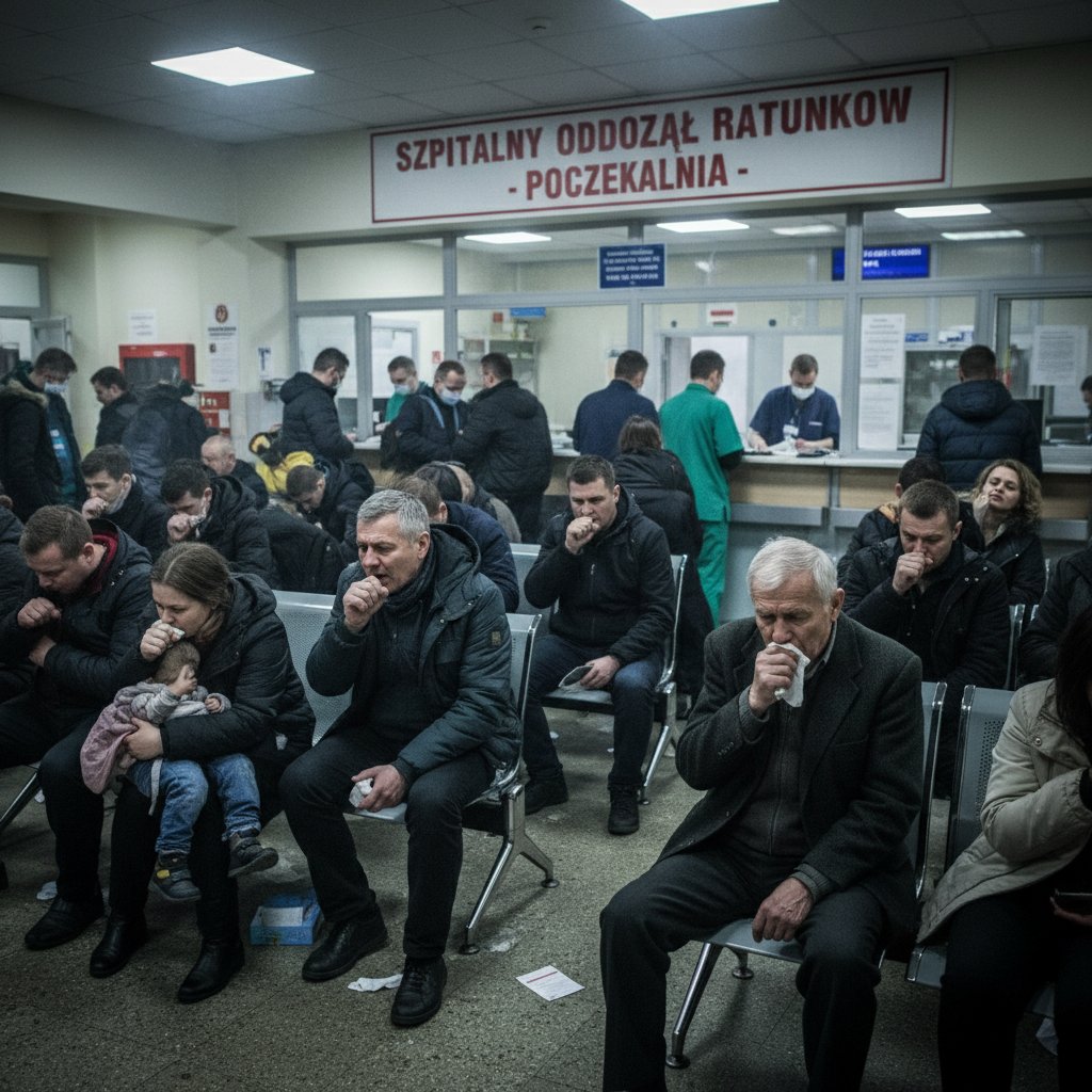 Zatłoczona izba przyjęć w polskim szpitalu podczas sezonu krztuśca
