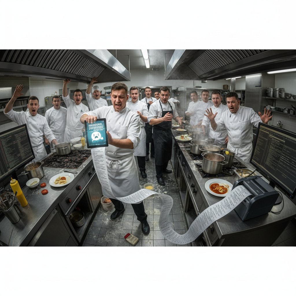 Zespół kuchni reaguje na zamieszanie spowodowane błędem chatbota – dynamiczna scena w kuchni