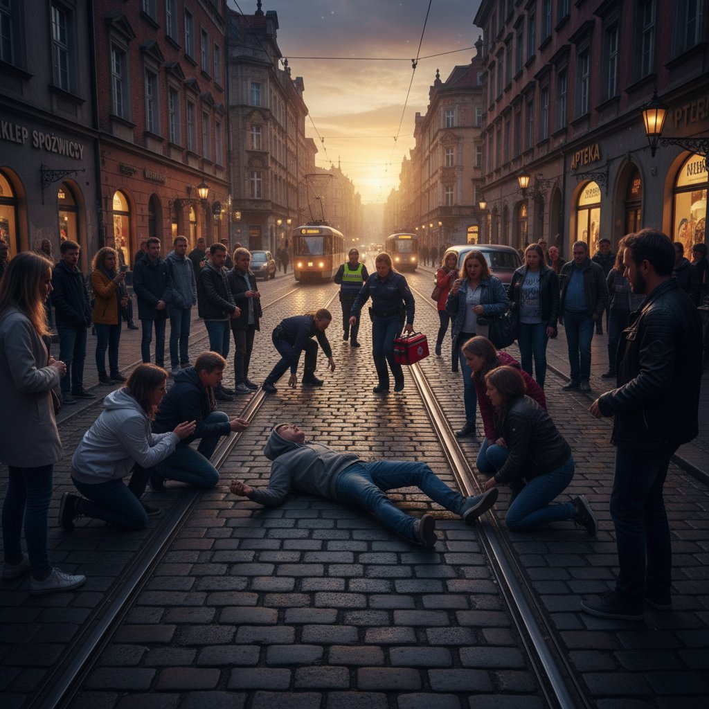 Tłum ludzi na polskiej ulicy, ktoś doświadcza napadu drgawek, wokół zdezorientowani przechodnie
