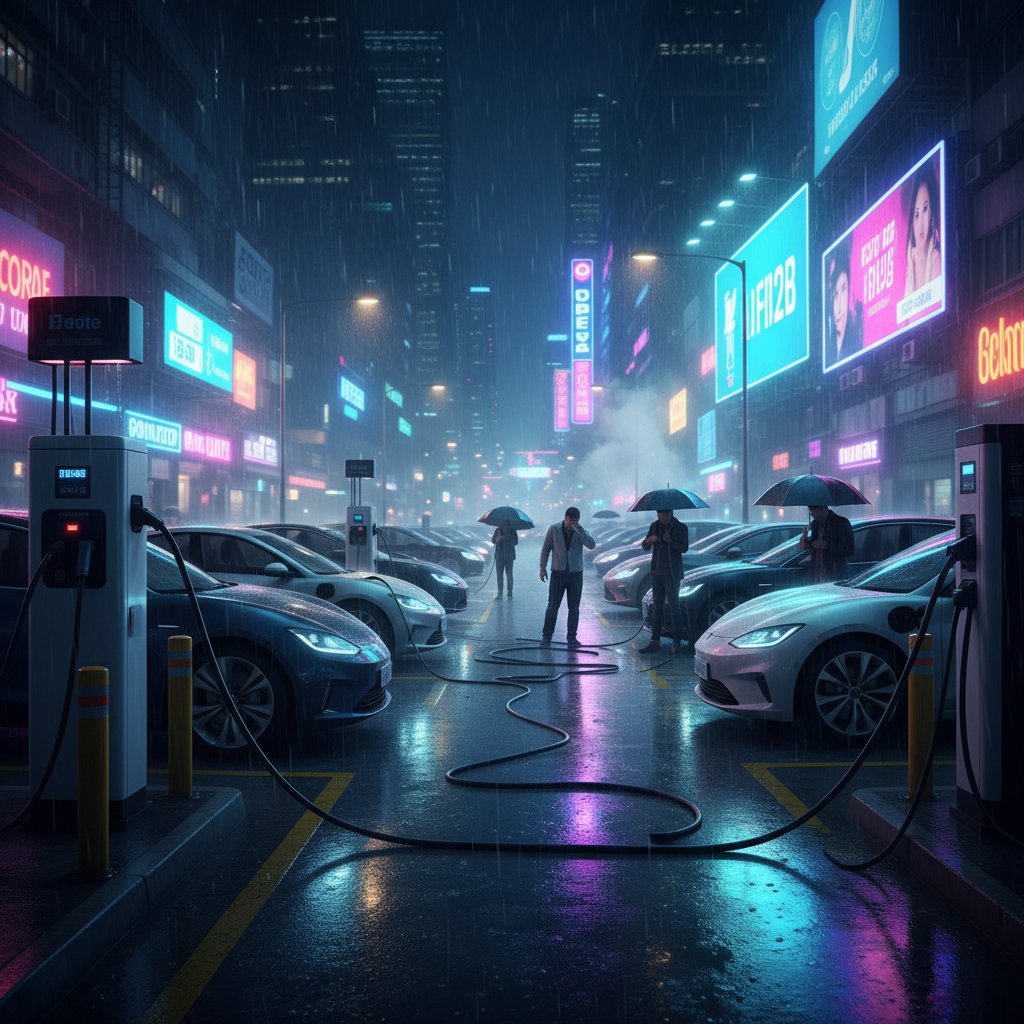 Crowded public charging station at night, multiple electric vehicles, rain and neon reflections, urban tension, electric car costs