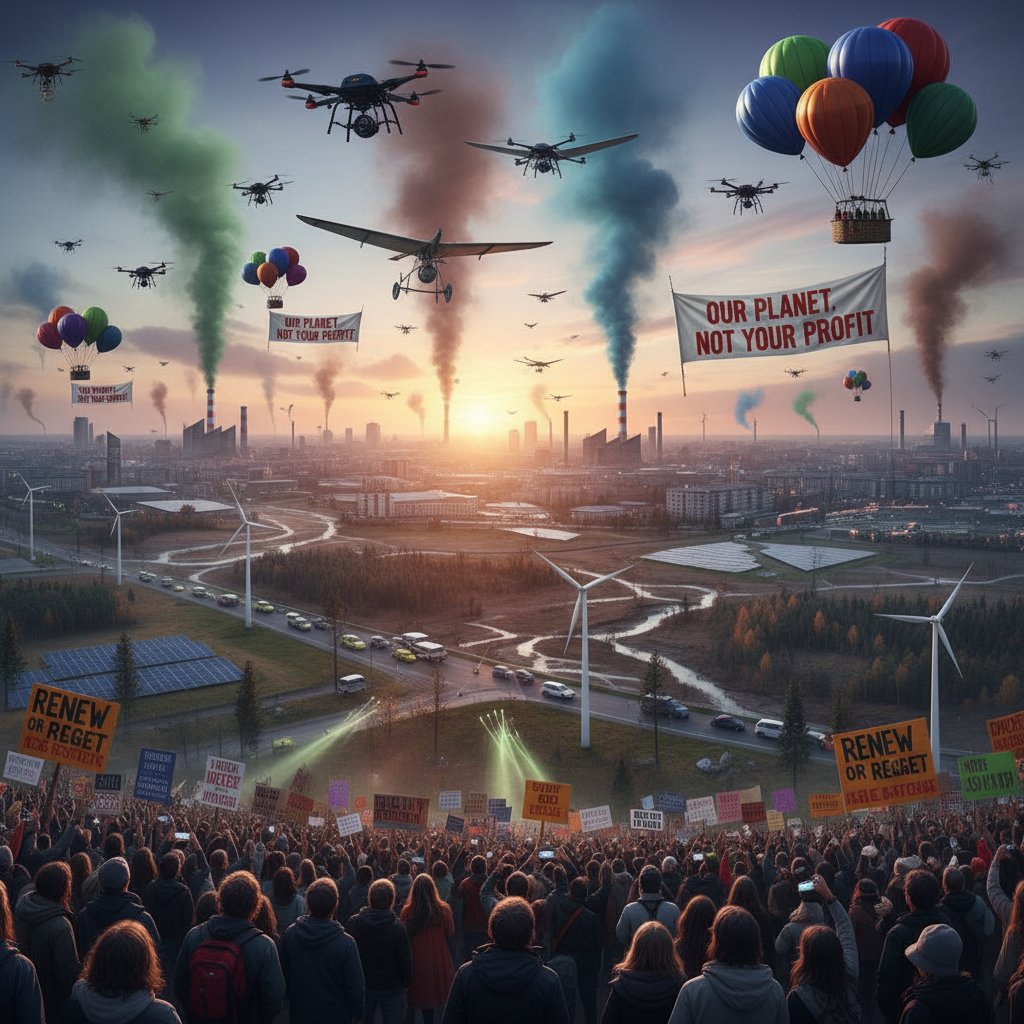 Eco-activists protest crowded skies, visual metaphor for environmental impact of increased flight alerts and spontaneous travel