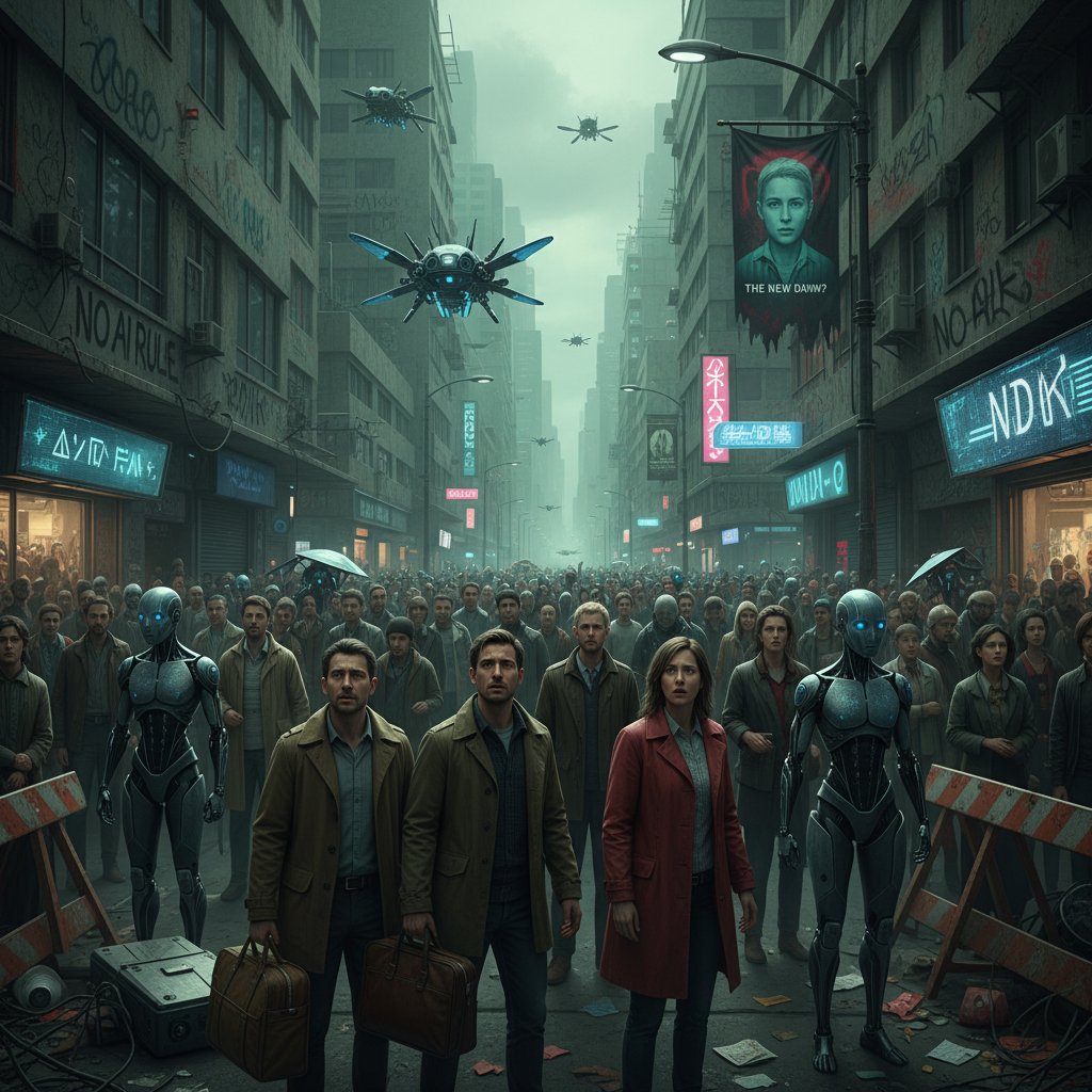 Zatłoczona ulica, na której AI i ludzie żyją obok siebie, niepokojąca atmosfera