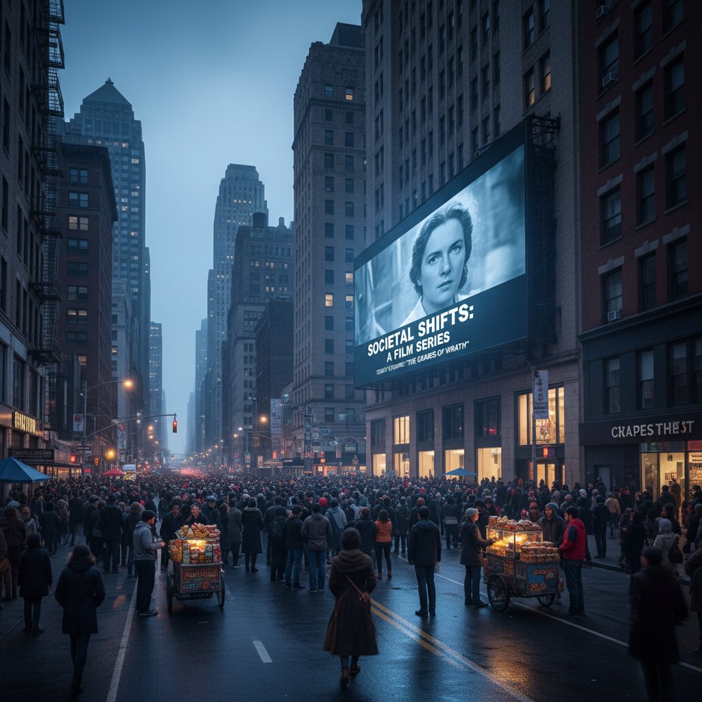 Public watching a movie outdoors, reflecting societal impact and movies as cultural mirrors