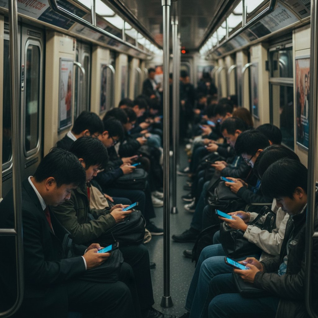 Ludzie w tłumie, ale odizolowani przez technologię