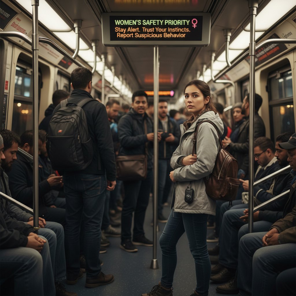 Crowded subway car with vigilant woman, public transport dangers, women safety priorities