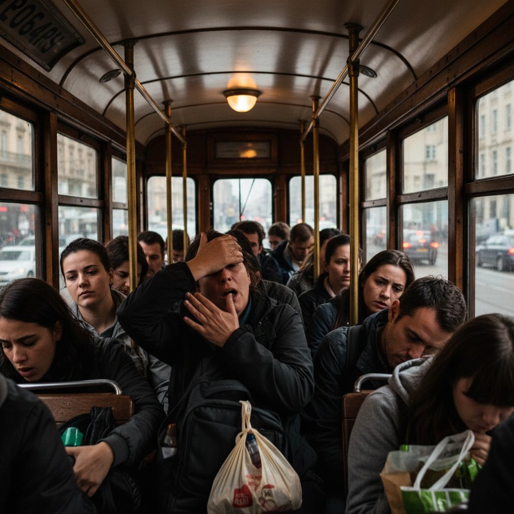 Ludzie w zatłoczonym tramwaju, wielu z nich wyraźnie zestresowanych i rozproszonych, co ilustruje objawy hiperpobudzenia