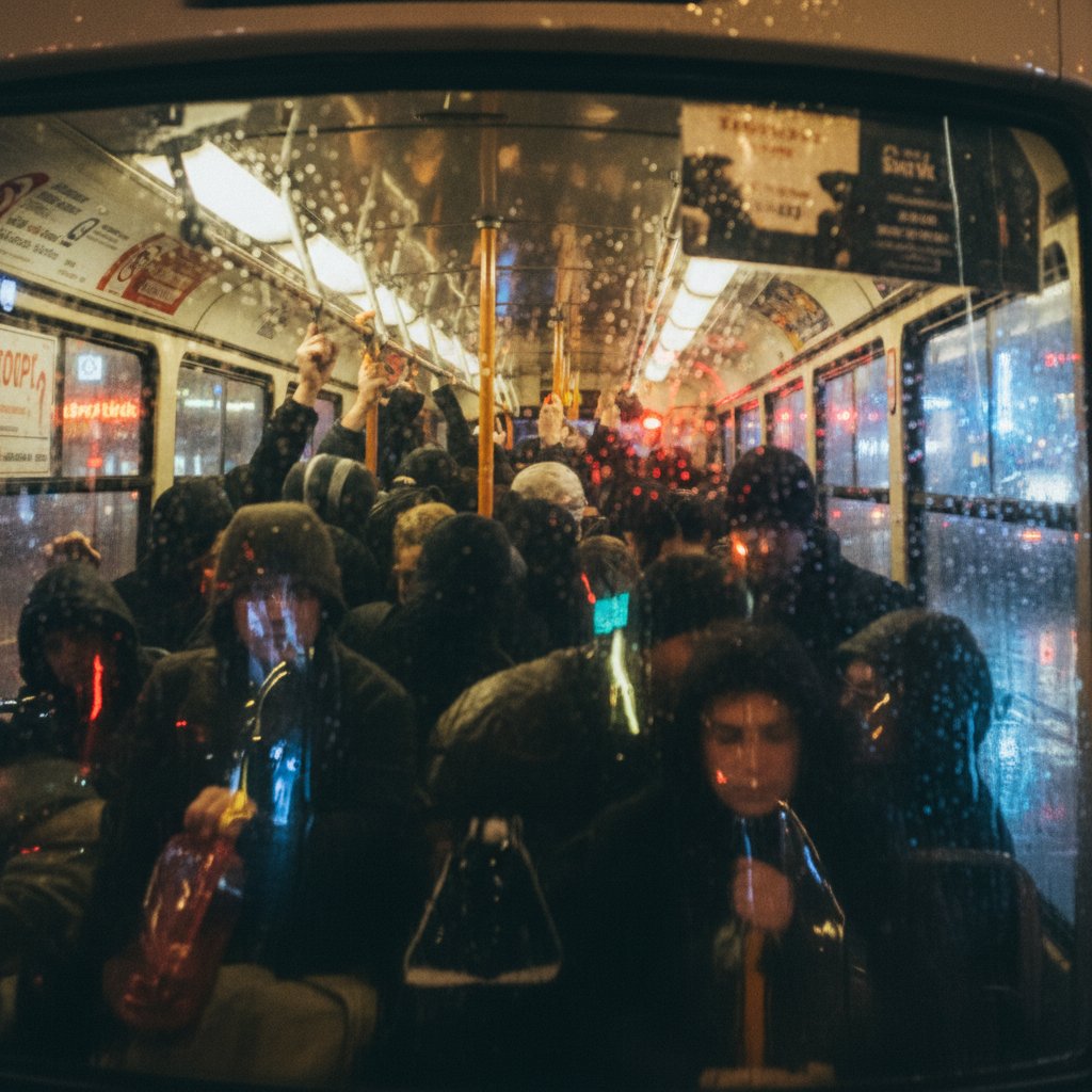 Statystyczny obraz insulinooporności – zatłoczony tramwaj w Warszawie, twarze zamazane, atmosfera walki z niewidzialnym problemem zdrowotnym