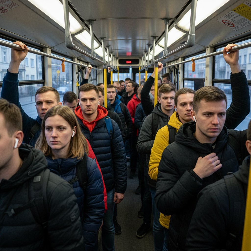 Młodzi ludzie w tramwaju, większość ze słuchawkami, jeden zaniepokojony