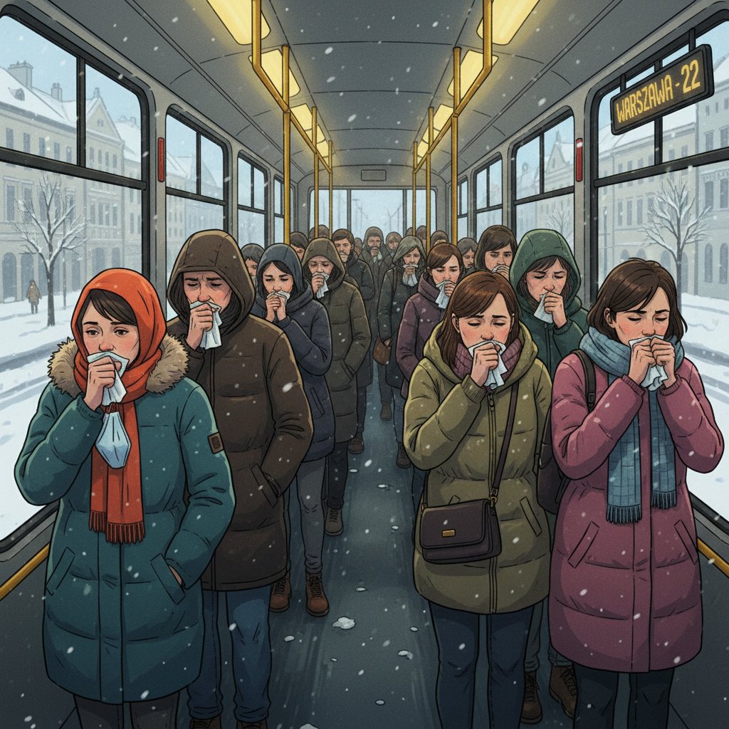 Zatłoczony tramwaj zimą, pasażerowie ubrani w kurtki, kilka osób zakasłuje; typowa polska scena sezonu grypowego