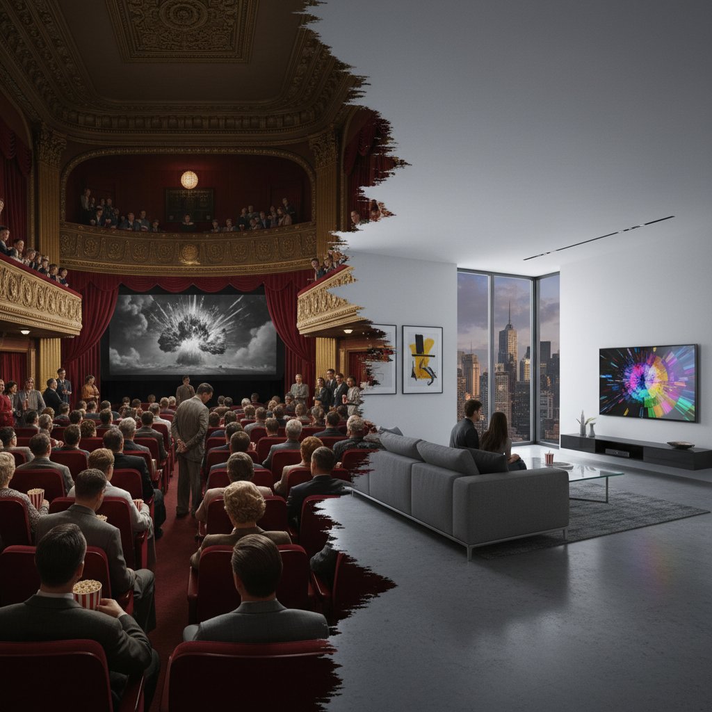 Split image showing crowded vintage cinema and modern home theater, illustrating the evolution of movie viewing habits
