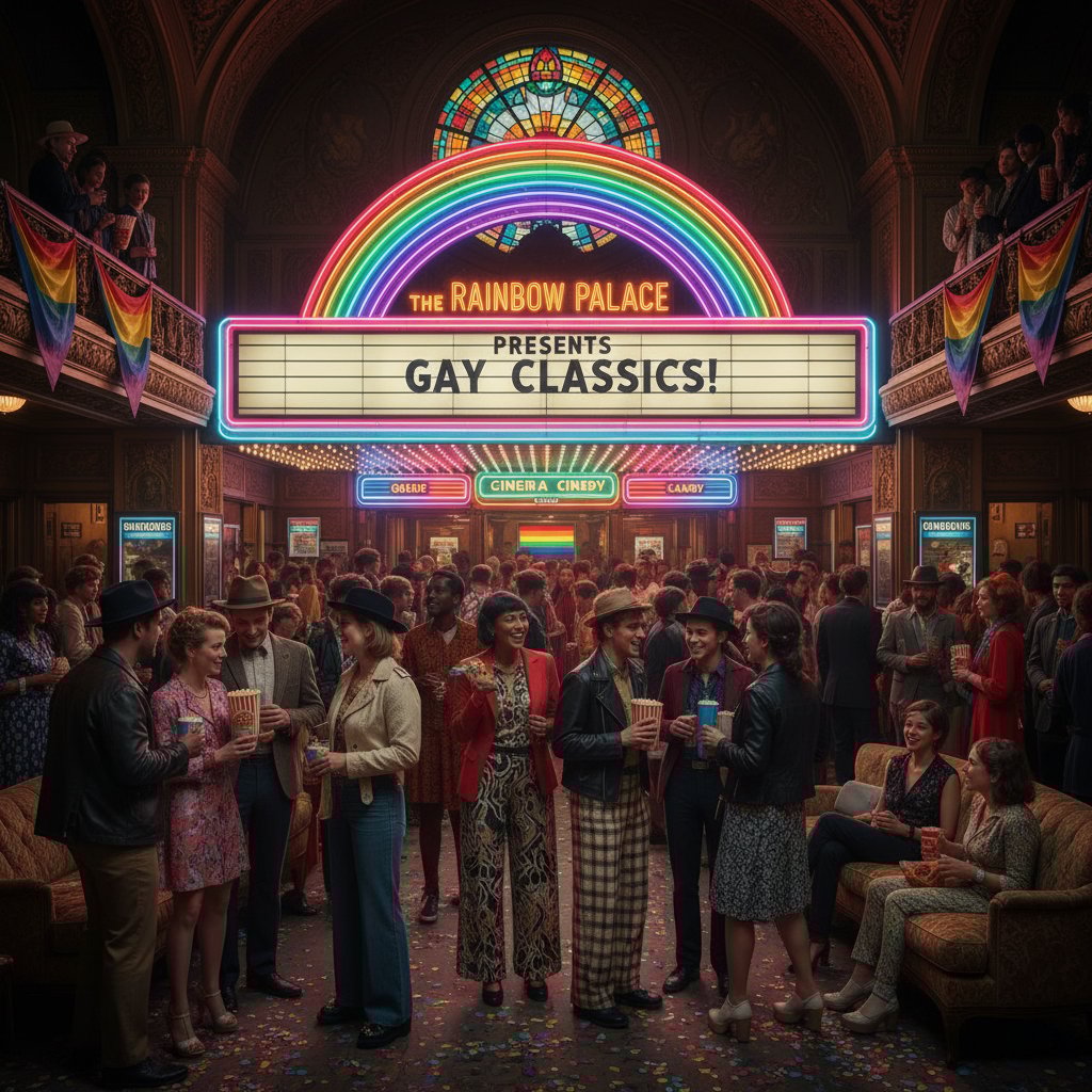 Crowded vintage movie theater with diverse, stylish people watching gay films and reacting emotionally, neon lighting, subtle rainbow elements