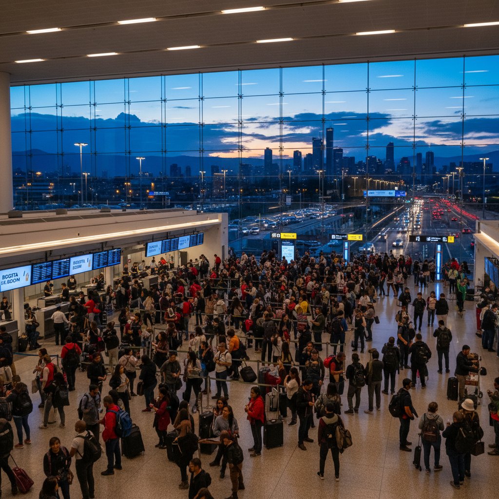 Crowds at Bogotá's El Dorado airport reflecting travel boom, with vibrant energy and city backdrop