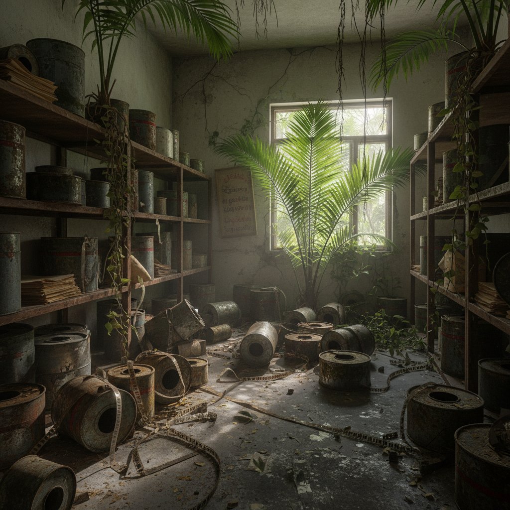 Crumbling film cans in a tropical storage room highlighting film preservation challenges in non-Western archives