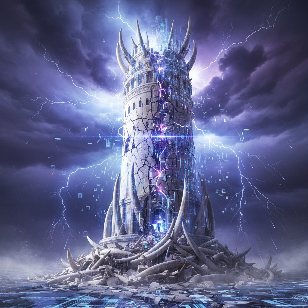 Surreal symbolic image of a crumbling ivory tower blending into a digital grid with stormy mood, 16:9