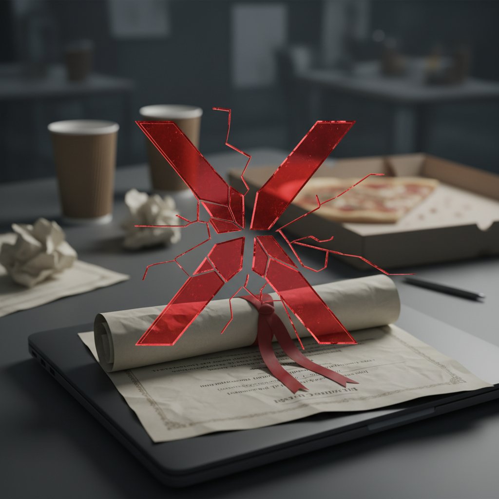 Zgnieciony dyplom obok laptopa jako symbol niepowodzenia