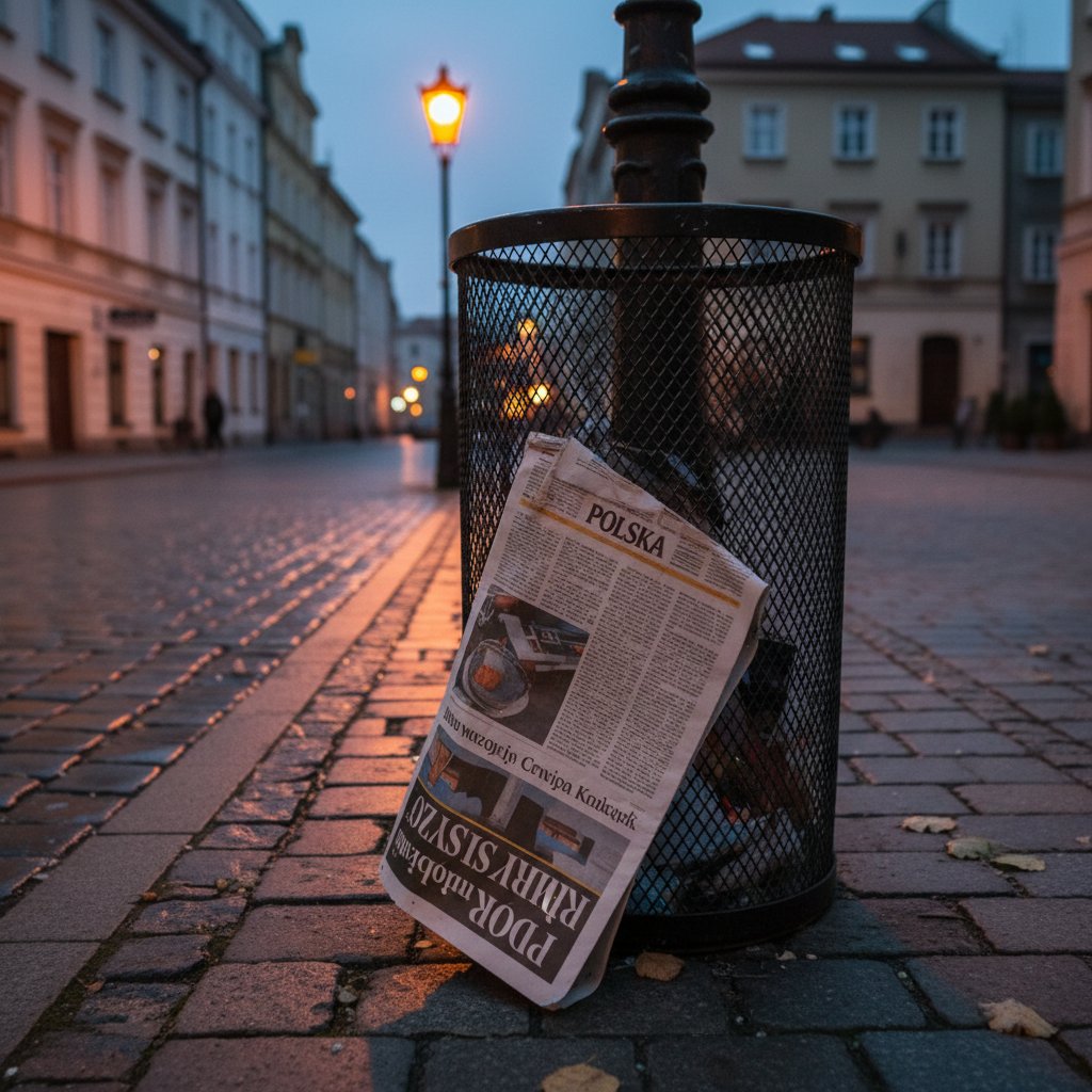 Porzucona gazeta w miejskim koszu na śmieci – symbol alternatywy dla tradycyjnych gazet