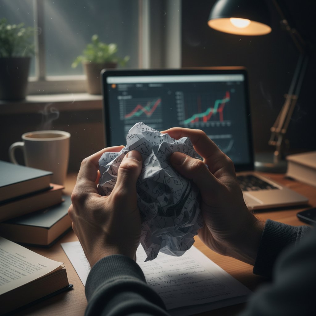 Zestresowany uczeń z pogiętymi notatkami z fizyki